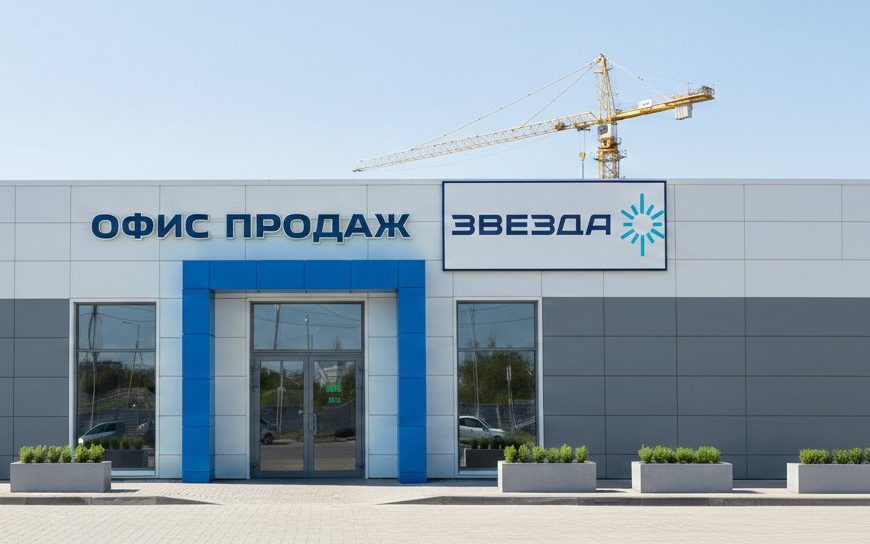 Офис продаж жилого комплекса с вывеской и флагами, на фоне — строительный кран